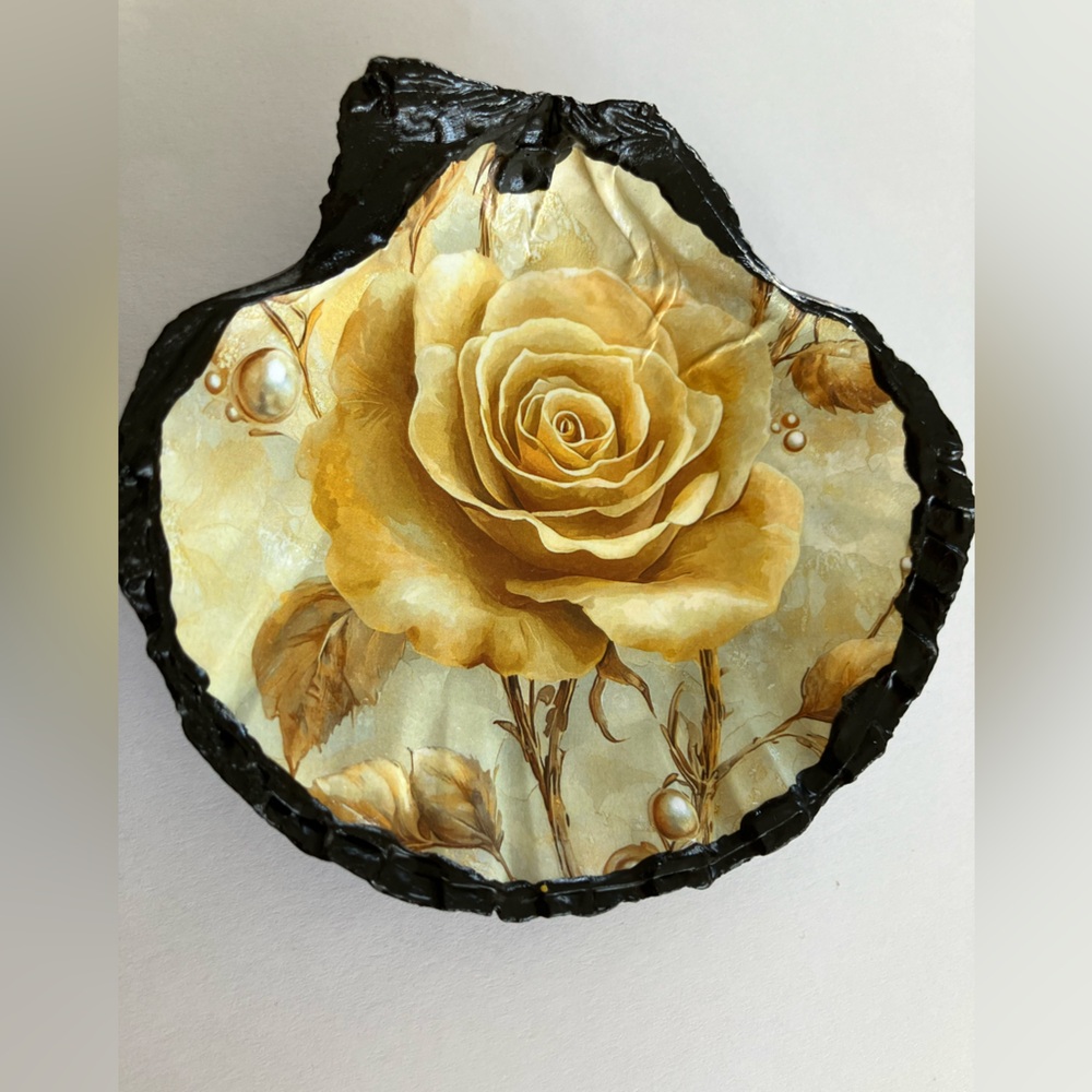 Handcrafted Shell Golden Floral Black Dish Decoupage